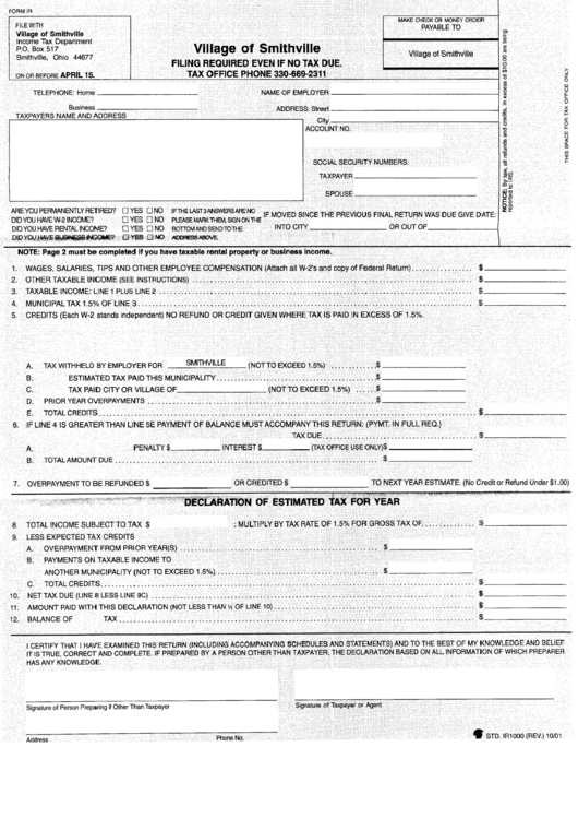 Form Ir Declaration Of Estimated Tax For Year Village Of Smithville