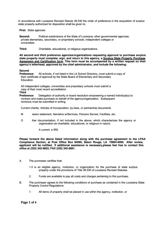 State Of Louisiana Surplus Property Purchase Agreement And