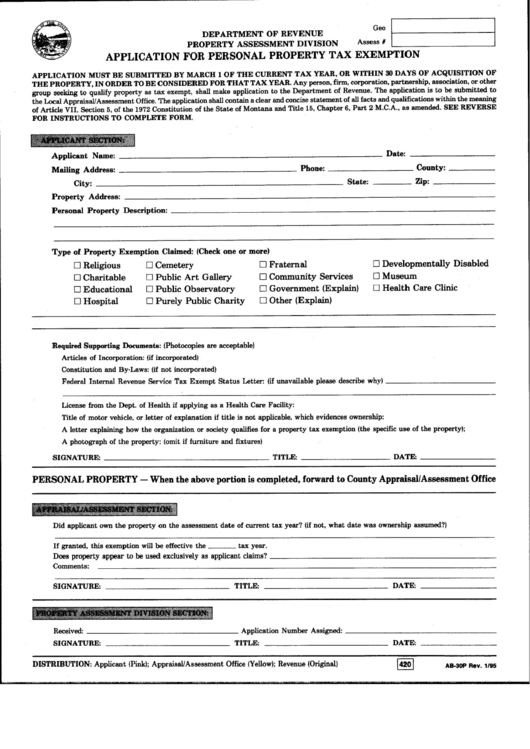 Form Ab30p Application For Personal Property Tax Exemption January