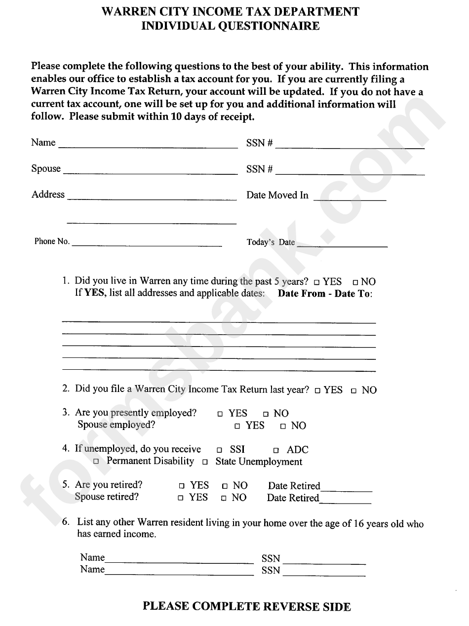 Individual Questionnaire Form Warren City Tax Department