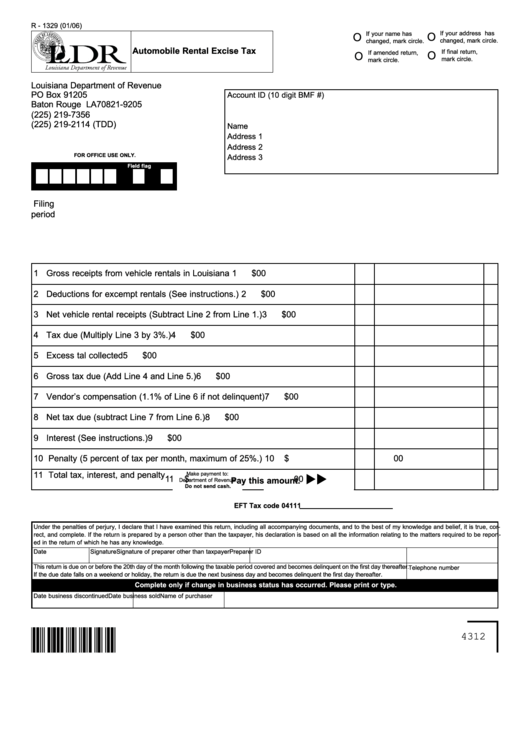 Form R1329 Automobile Rental Excise Tax January 2006 printable pdf