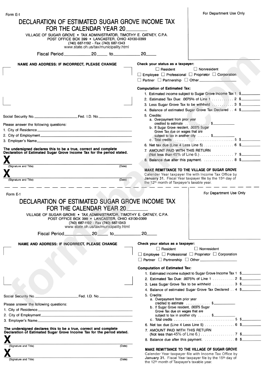 Form E1 Declaration Of Estimated Sugar Grove Tax printable pdf download