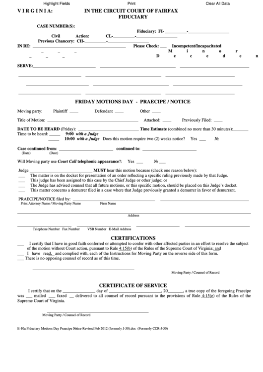 Fillable Form E10a Friday Motions Day Praecipe/notice 2012