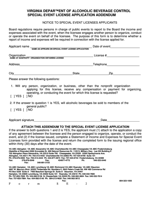 Form Se2 Special Event License Application Addendum printable pdf