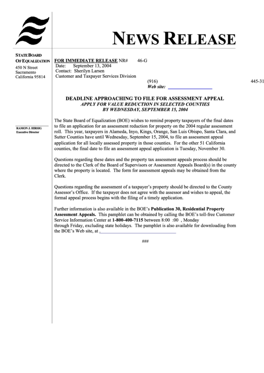 News Release Form California State Board Of Equalization printable