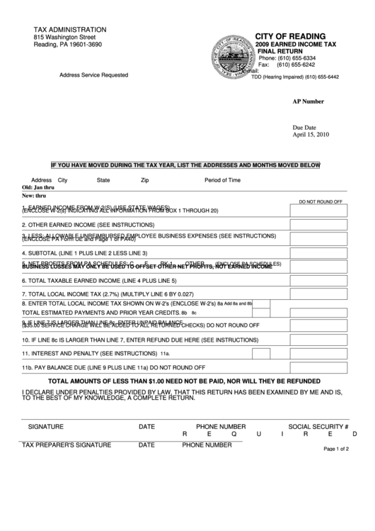 2009 Earned Tax Final Return City Of Reading printable pdf