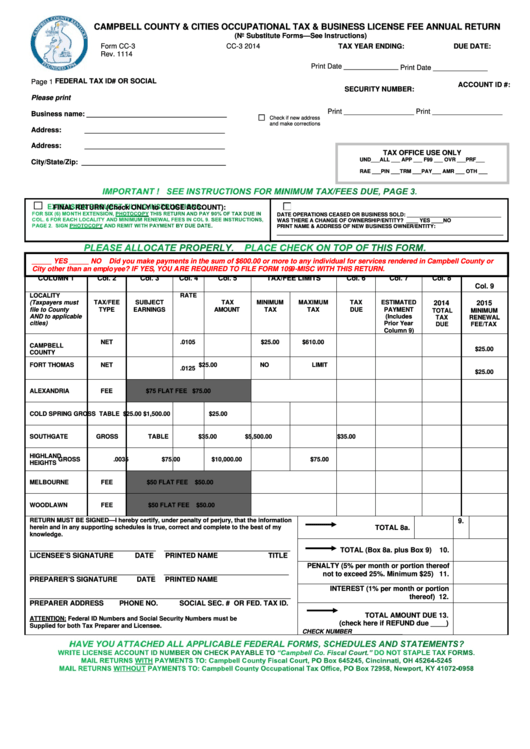 Form Cc3 Campbell County & Cities Occupational Tax & Business License Fee Annual Return