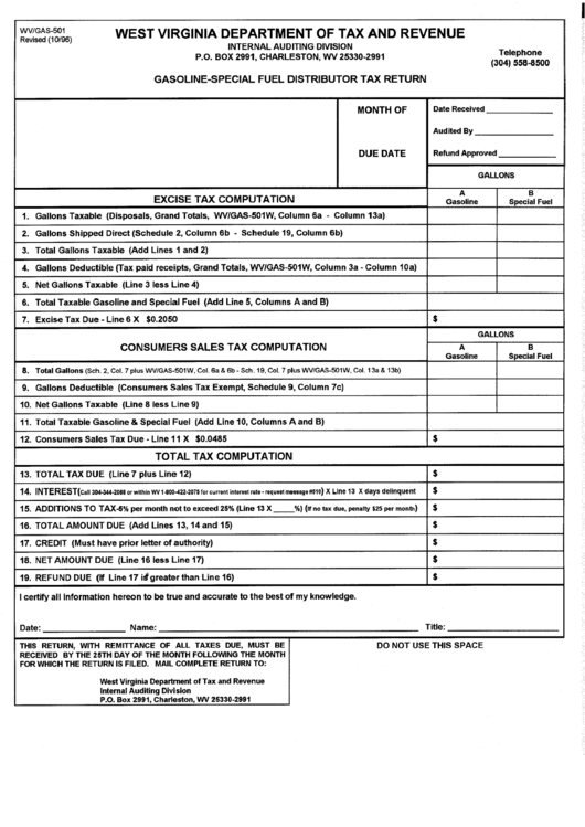 Form Wv/gas501 GasolineSpecial Fuel Distributor Tax Return