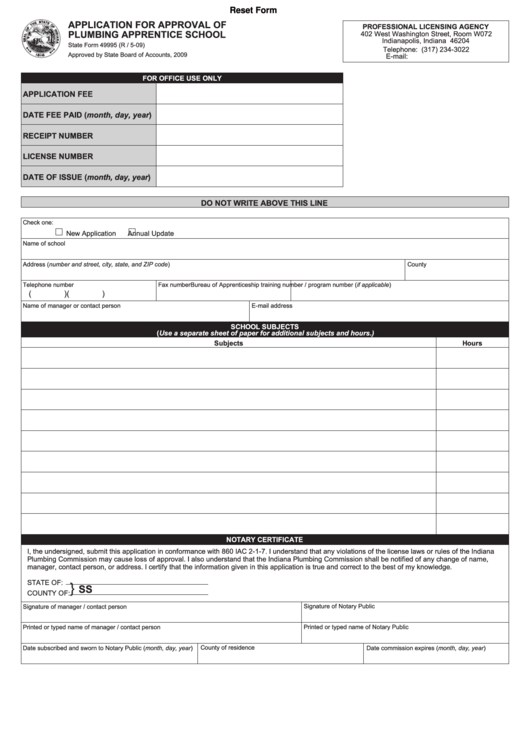 Fillable Form 49995 Application For Approval Of Plumbing Apprentice