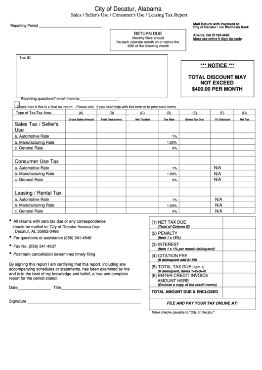 Sales / Seller'S Use / Consumer'S Use / Leasing Tax Report Form City
