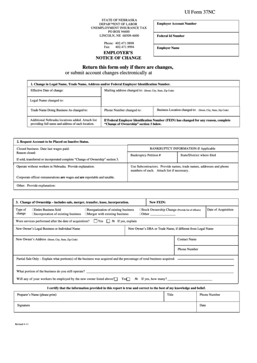 Form 37nc Employer'S Notice Of Change printable pdf download