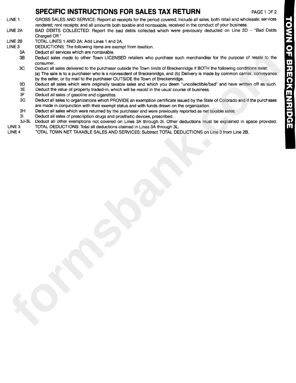 Specific Instructions For Sales Tax Return Town Of Breckenridge