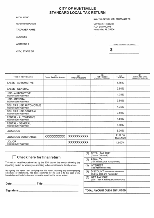 Fillable Standart Local Tax Return Form City Of Huntsville printable
