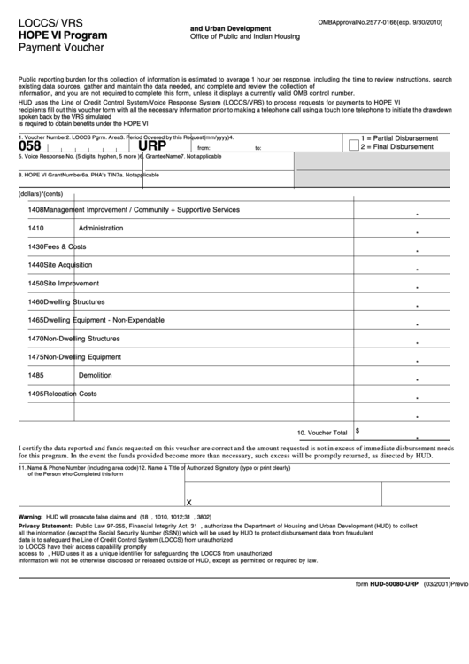 Fillable Form Hud50080Urp Loccs / Vrs Hope Vi Program Payment