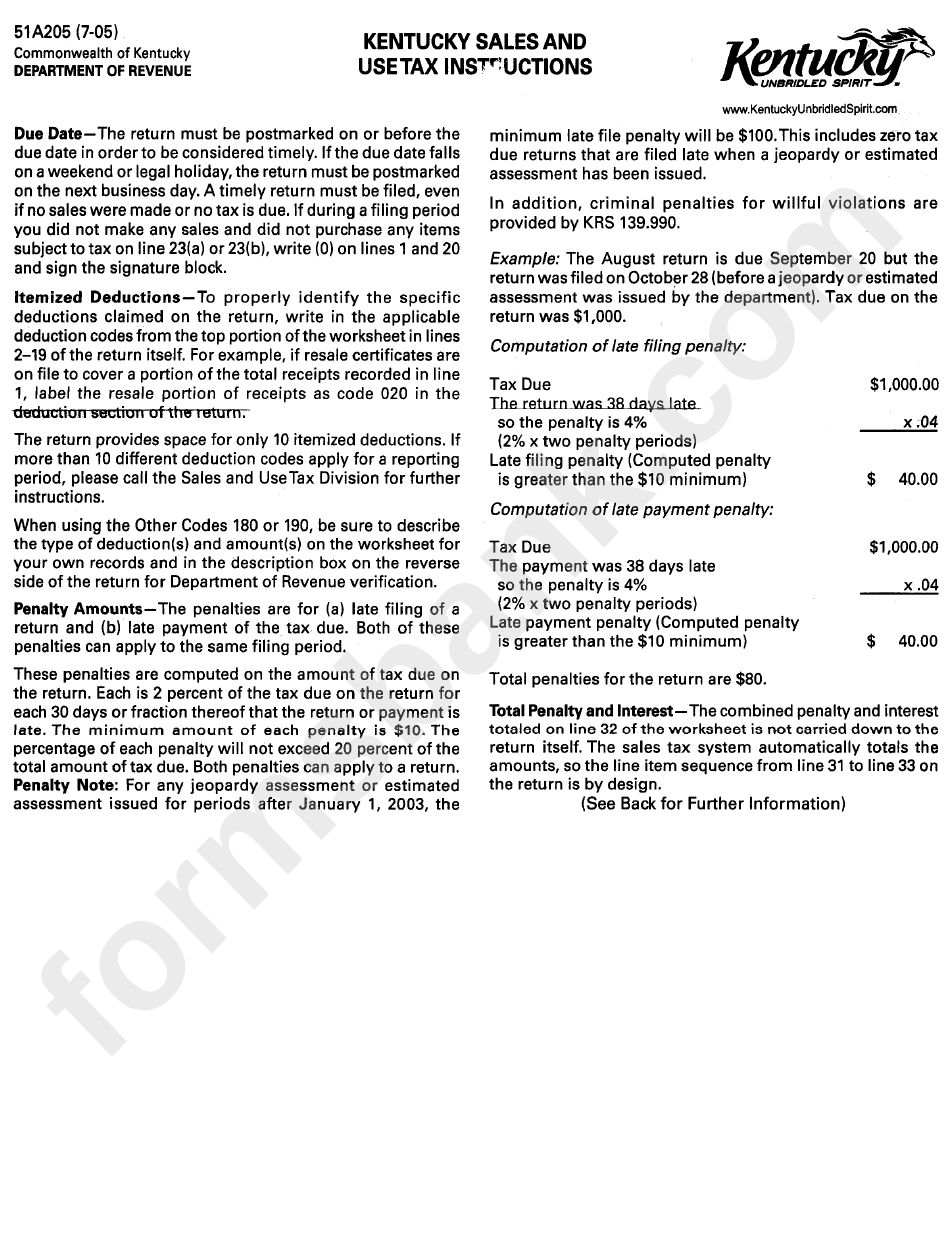 Form 51a205 Kentucky Sales And Use Tax Instructions/account