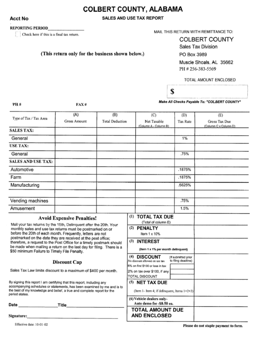 Sale And Use Tax Report Template Colbert County 2002 printable pdf download