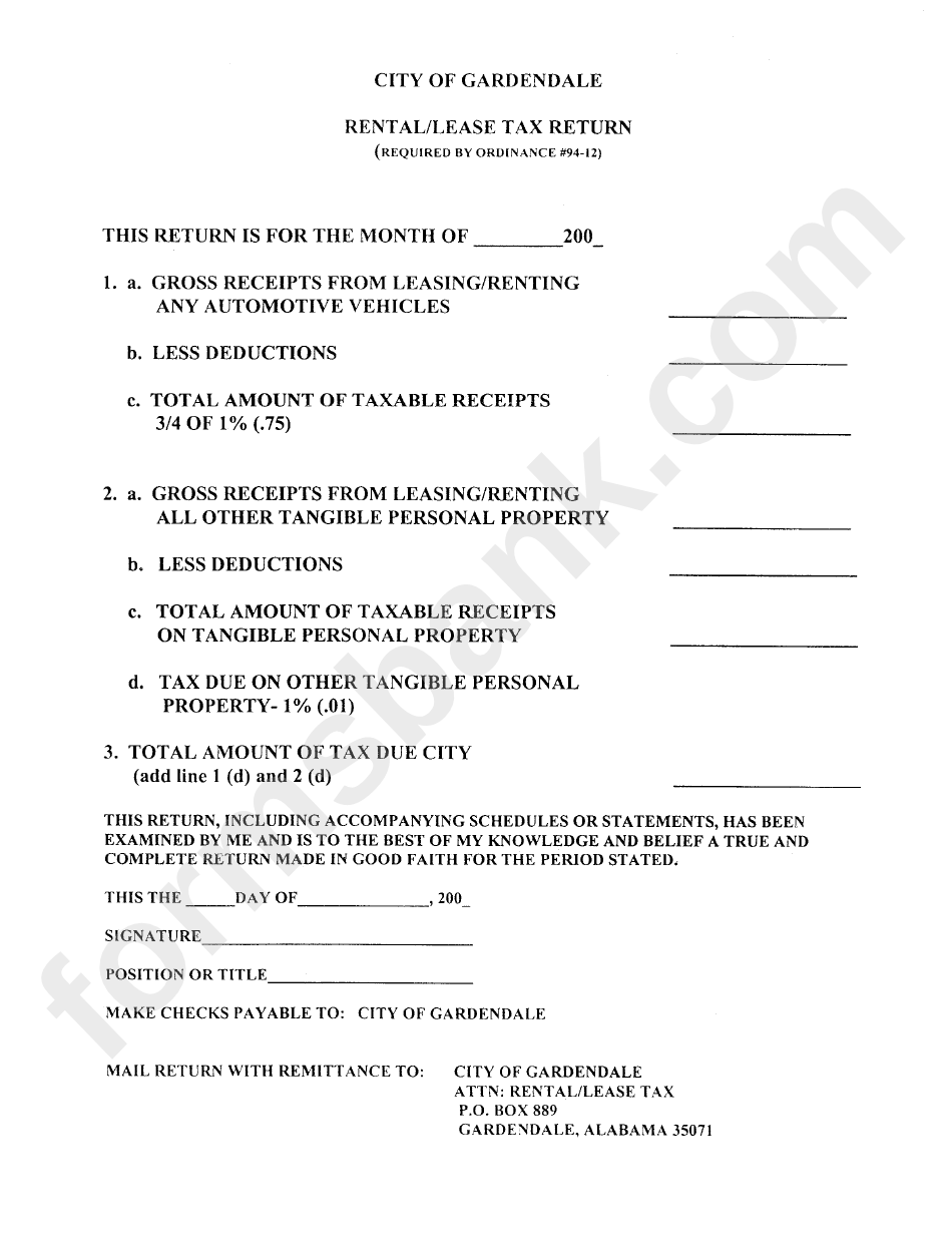 Rental/lease Tax Return Form City Of Gardendale printable pdf download