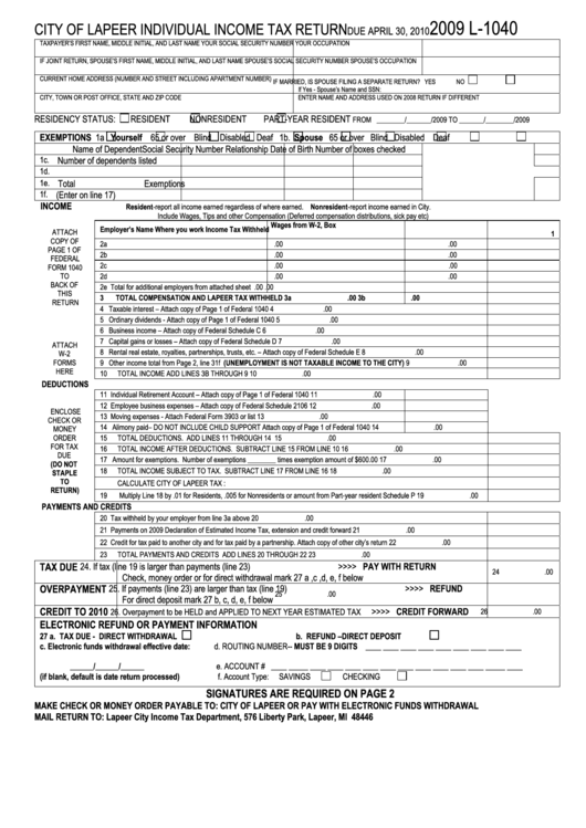 Form L1040 City Of Lapeer Individual Tax Return 2009