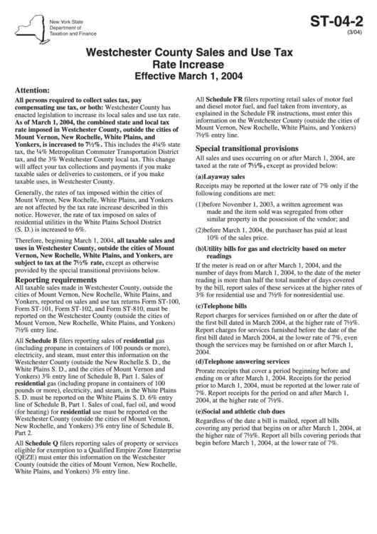 Form St042 Westchester County Sales And Use Tax Rate Increase Effective printable pdf download