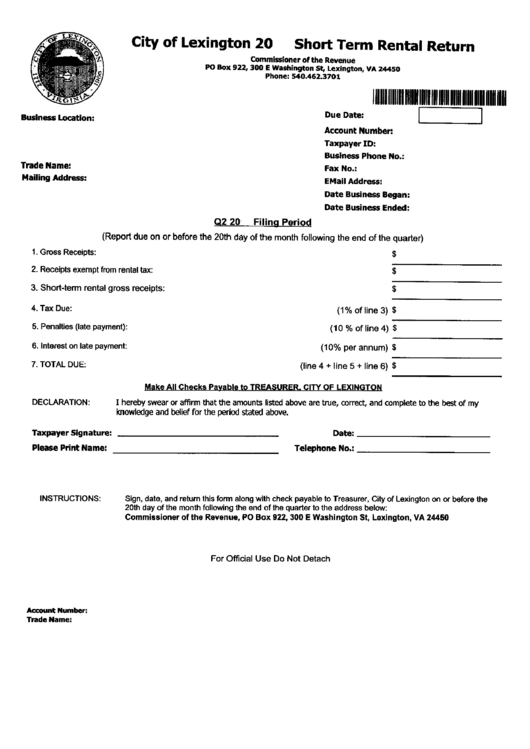 Short Term Rental Return Form City Of Lexington printable pdf download