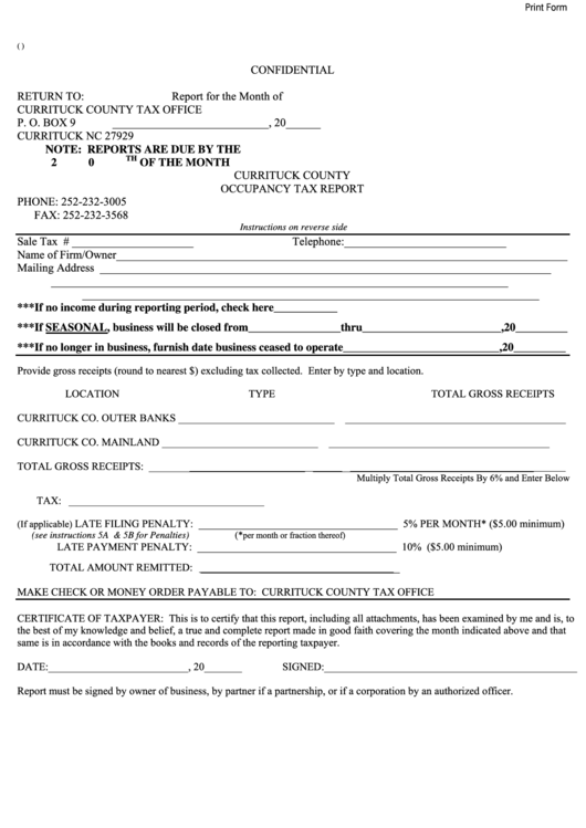 Fillable Occupancy Tax Report Form Currituck County Tax Office