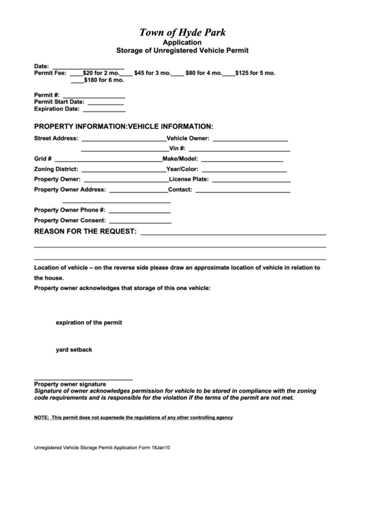 Application Storage Of Unregistered Vehicle Permit Form Town Of Hyde