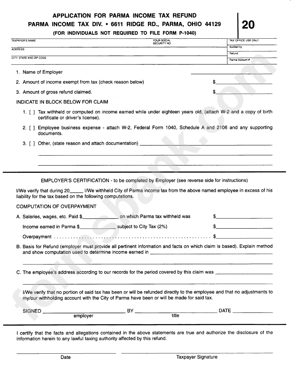 Application For Parma Tax Refund Form Ohio printable pdf download