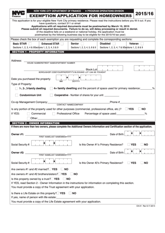 2015/16 Exemption Application For Homeowners New York City Department