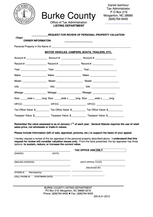 Request For Review Of Personal Property Valuation Form Burke County
