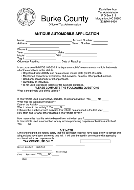 Antique Automobile Application Form Burke County, North Carolina printable pdf download