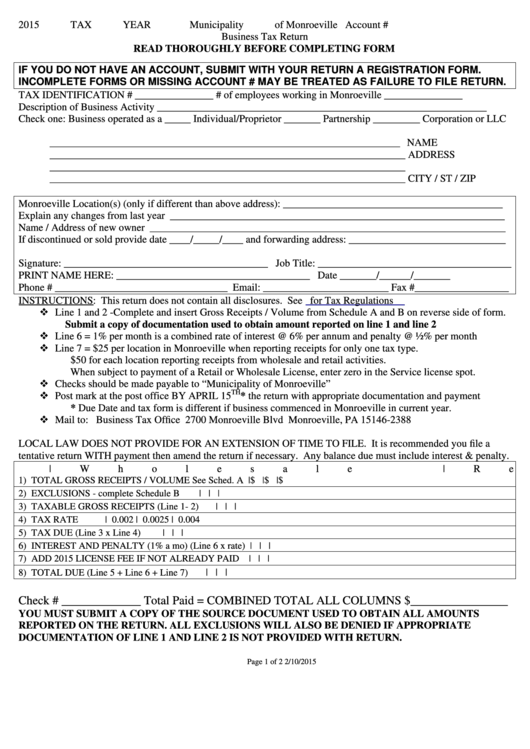 2015 Business Tax Return Form Municipality Of Monroeville printable