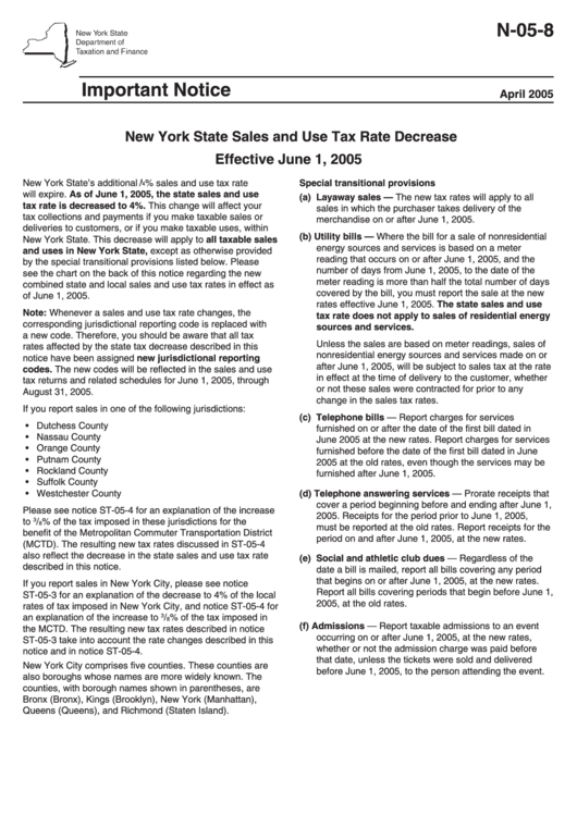 Form N058 New York State Sales And Use Tax Rate Decrease New York