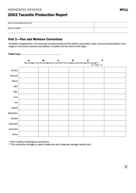 Form Mt11 2003 Taconite Production Report Minnesota Department Of