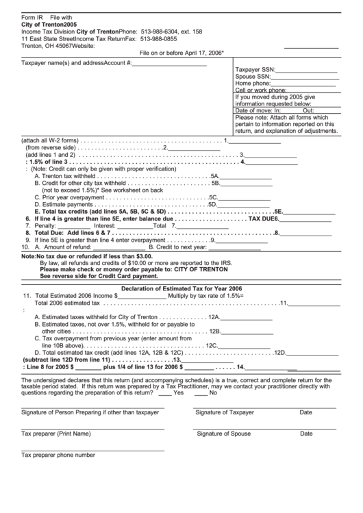 Form Ir Tax Return City Of Trenton 2005 printable pdf download