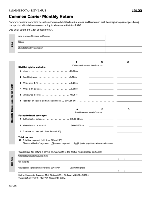 Fillable Form Lb123 Common Carrier Monthly Return printable pdf download