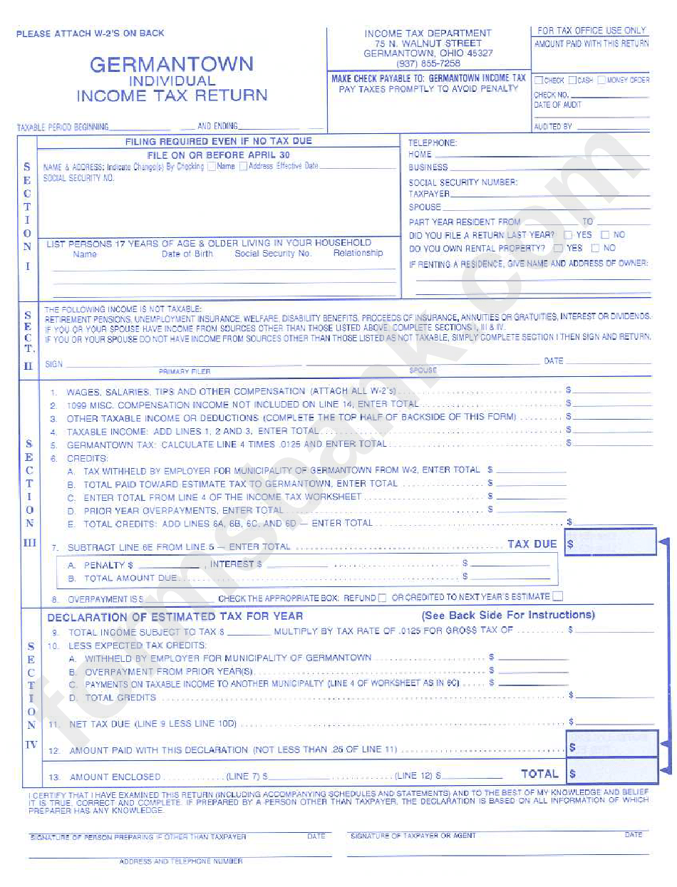 Fillable Individual Tax Return Form City Of Germantown