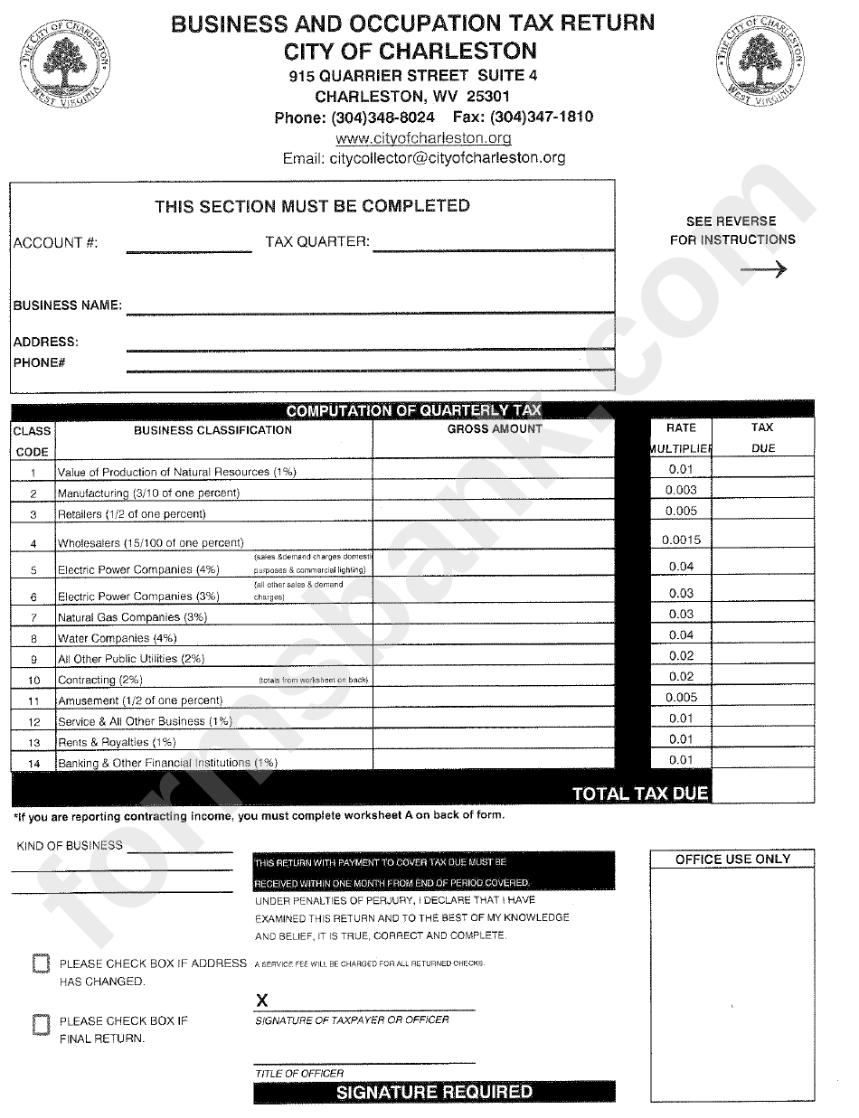 Business And Occupation Tax Return Form City Of Charleston printable