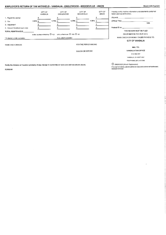 Form W1 Employer'S Return Of Tax WithheldVandaliaEnglewood