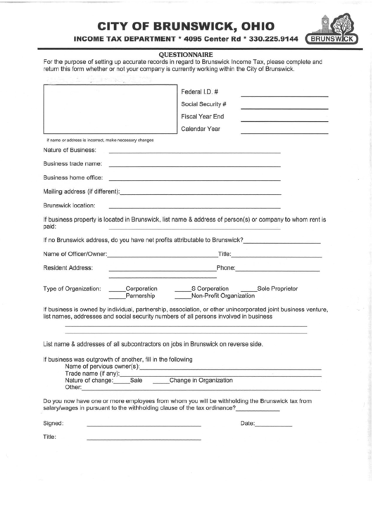 Questionnaire Form Ohio Tax Department printable pdf download