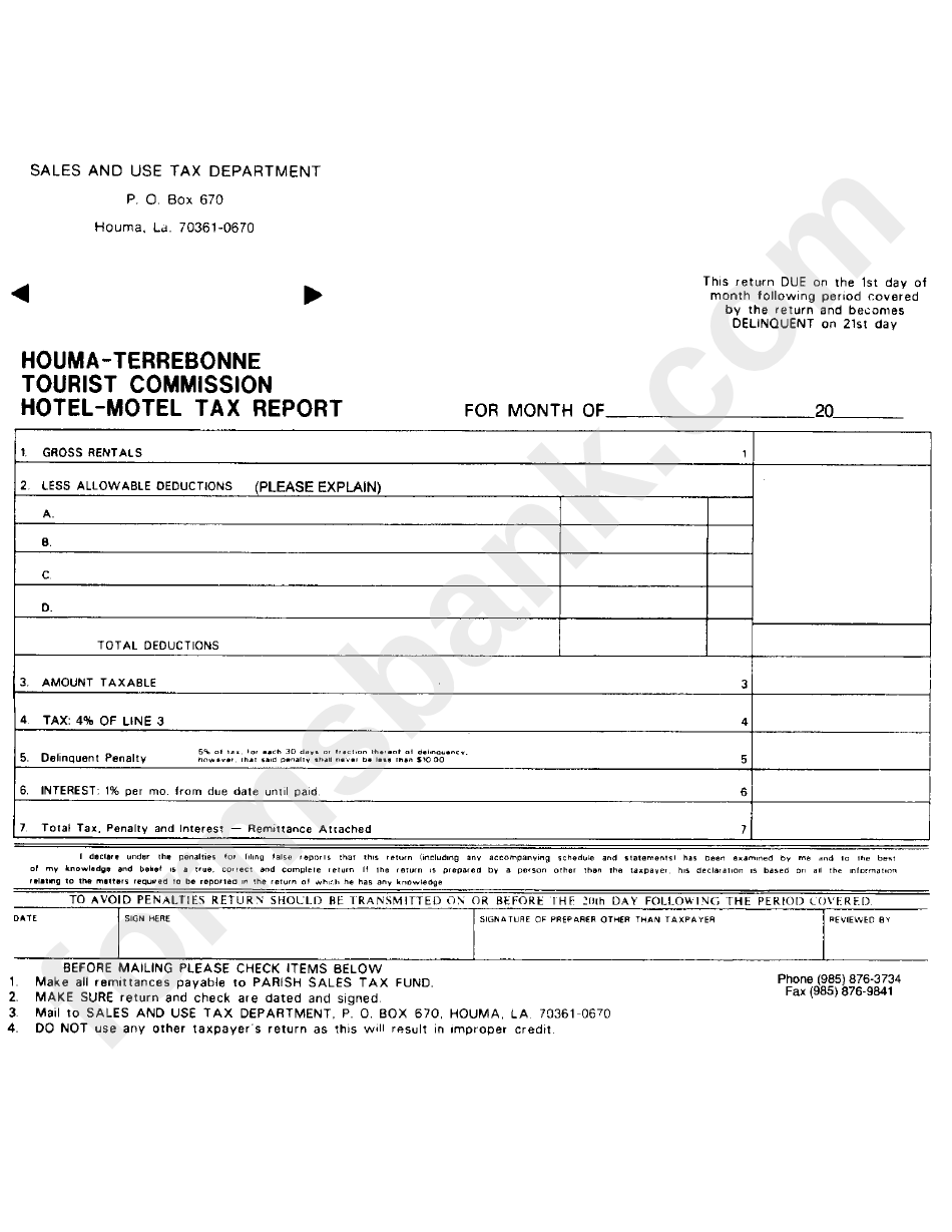 HotelMotel Tax Report Form HoumaTerrebonne printable pdf download