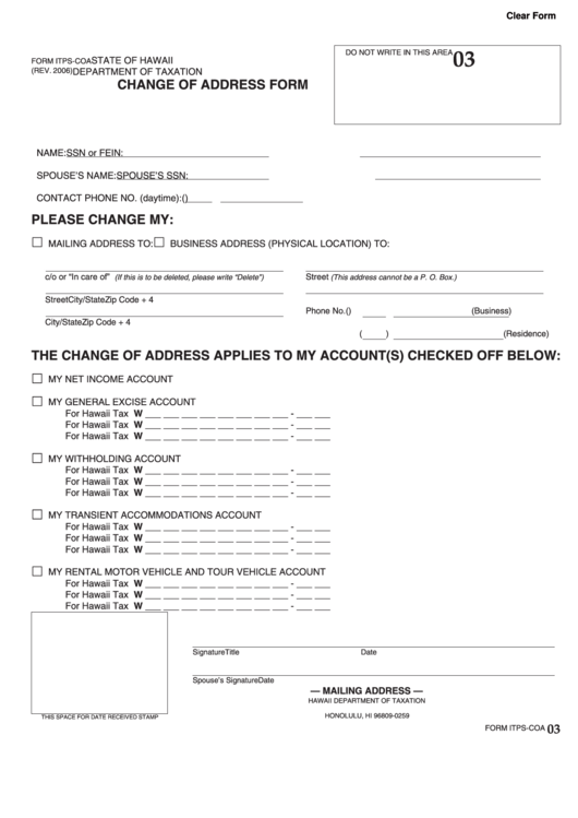 Fillable Form ItpsCoa Change Of Address Form Hawaii Department Of