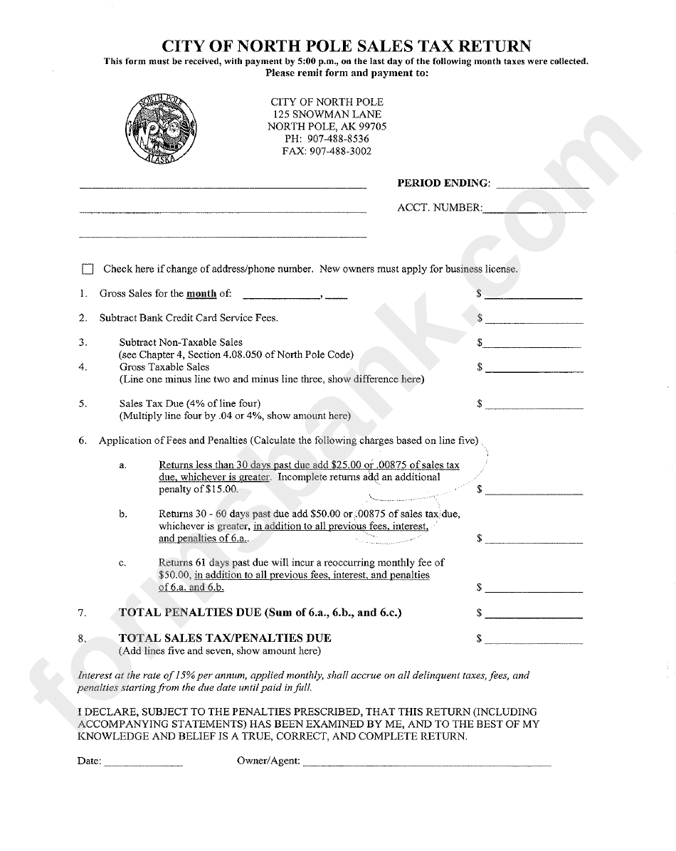 City Of North Pole Sales Tax Return Form printable pdf download