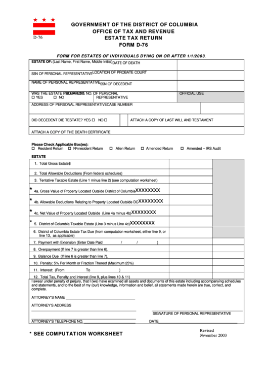 Form D76 Estate Tax Return printable pdf download