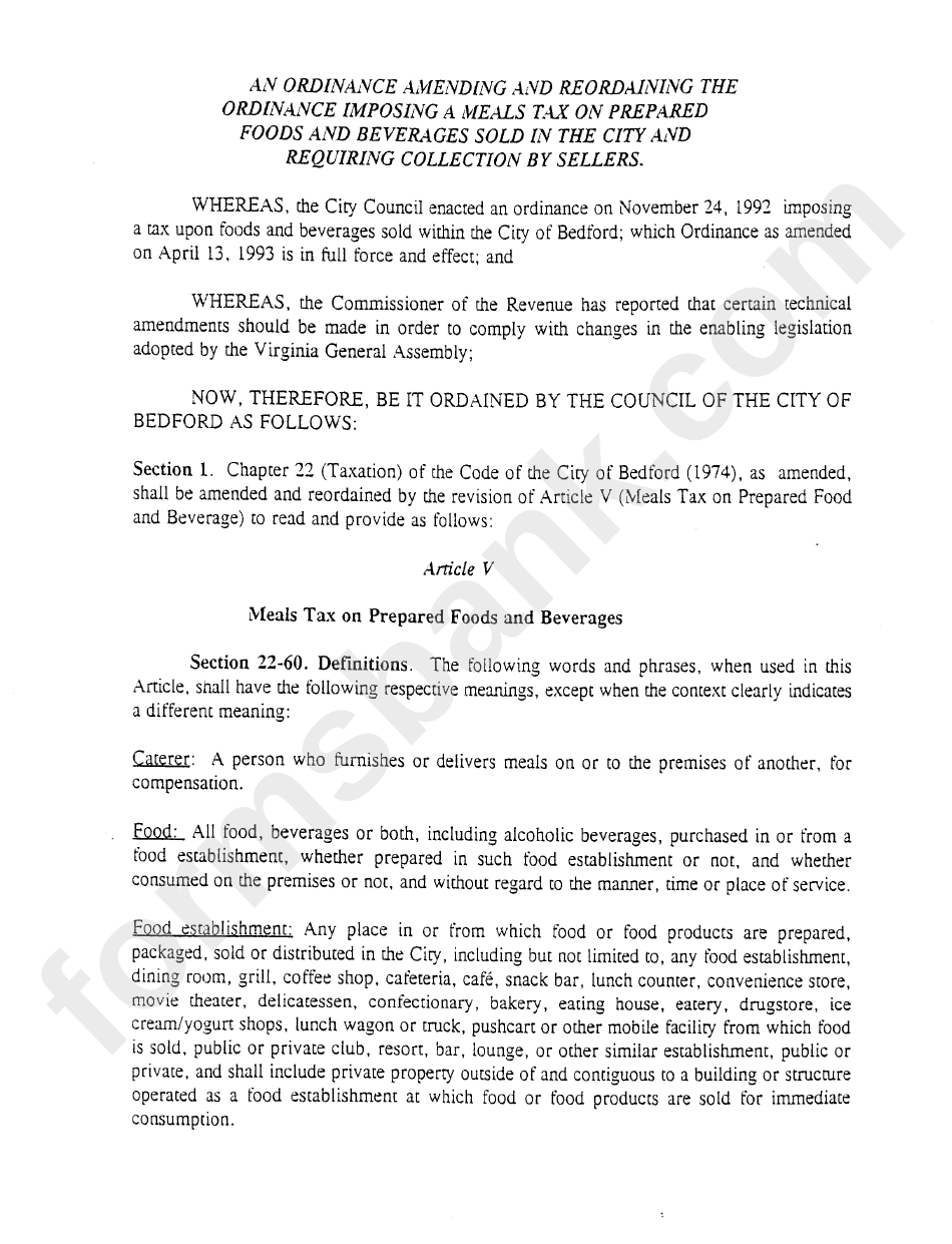 Instructions For Imposing A Meals Tax On Prepared Foods And Beverages
