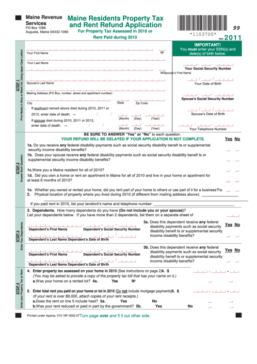Maine Residents Property Tax And Rent Refund Application 2011