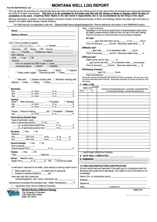 Form 603 Montana Well Log Report/well Log Supplement printable pdf download