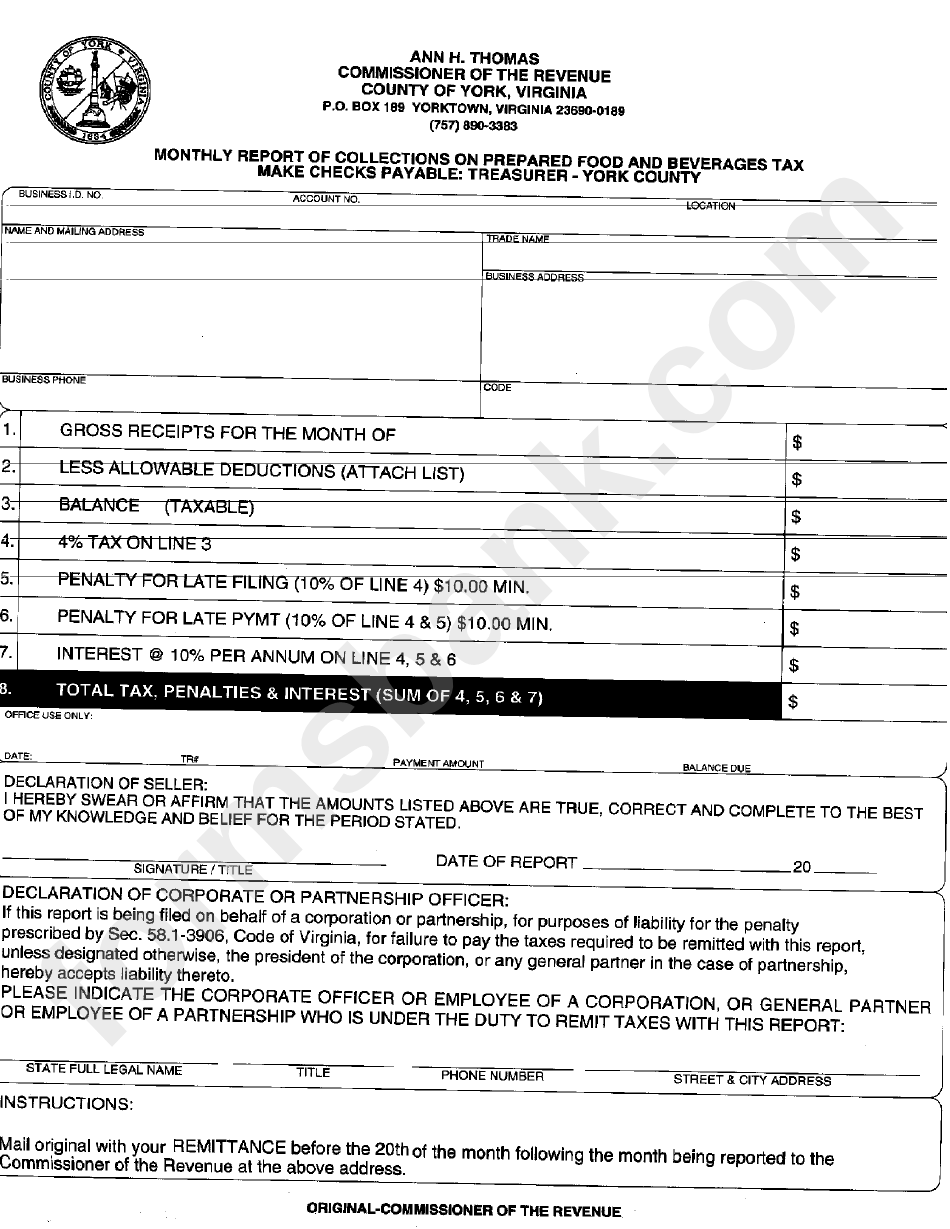 Monthly Report Form For Collections On Prepared Food And Beverages Tax