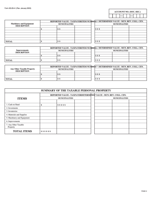 Form As294 I Summary Of The Taxable Personal Property printable pdf