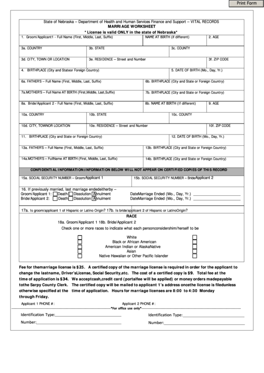 Fillable Marriage Worksheet State Of Nebraska Department Of Health