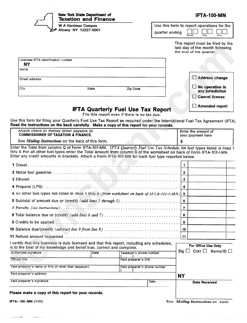 Form Ifta100Mn Ifta Quarterly Fuel Use Tax Report 2000 printable